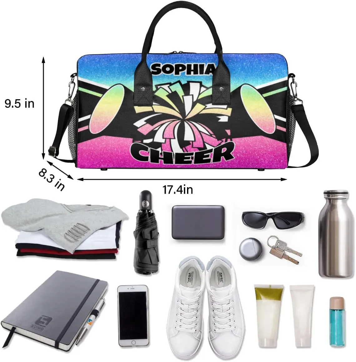 Personalized Cheer Bags for Cheerleaders Custom Sport Duffel Bag Gym Bag Travel Duffle Bag Overnight Weekender Bag with Name Blue Pink Gradient