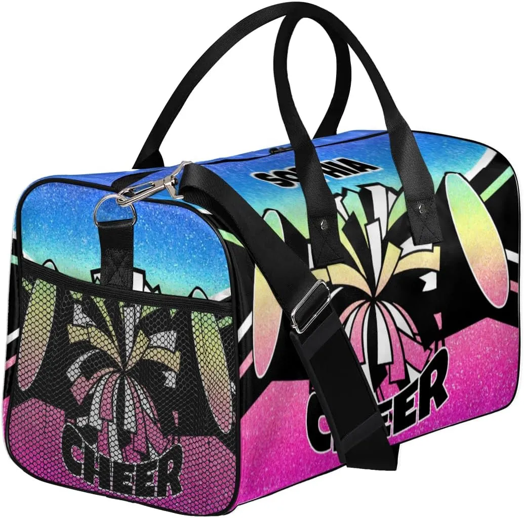 Personalized Cheer Bags for Cheerleaders Custom Sport Duffel Bag Gym Bag Travel Duffle Bag Overnight Weekender Bag with Name Blue Pink Gradient