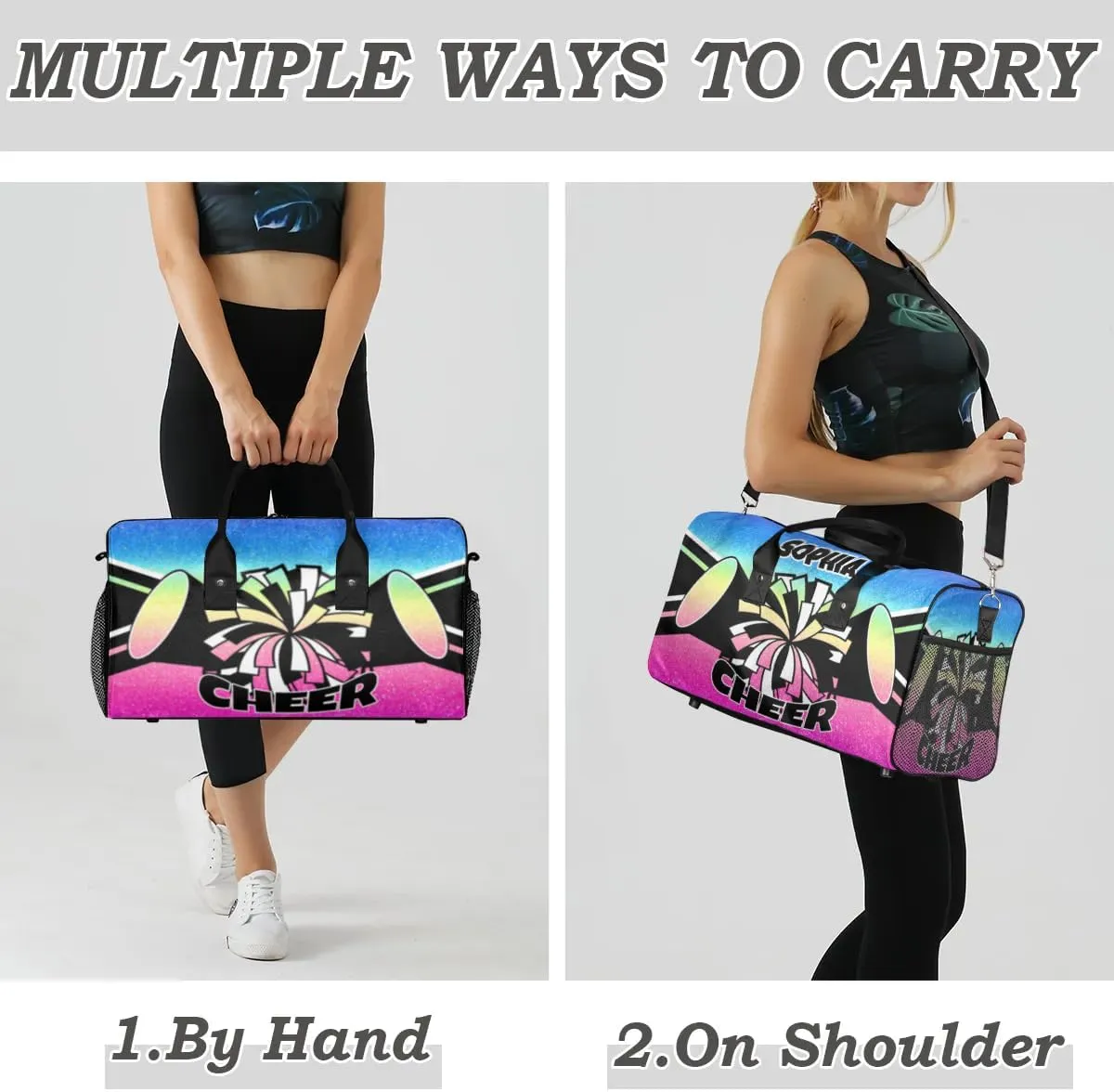 Personalized Cheer Bags for Cheerleaders Custom Sport Duffel Bag Gym Bag Travel Duffle Bag Overnight Weekender Bag with Name Blue Pink Gradient