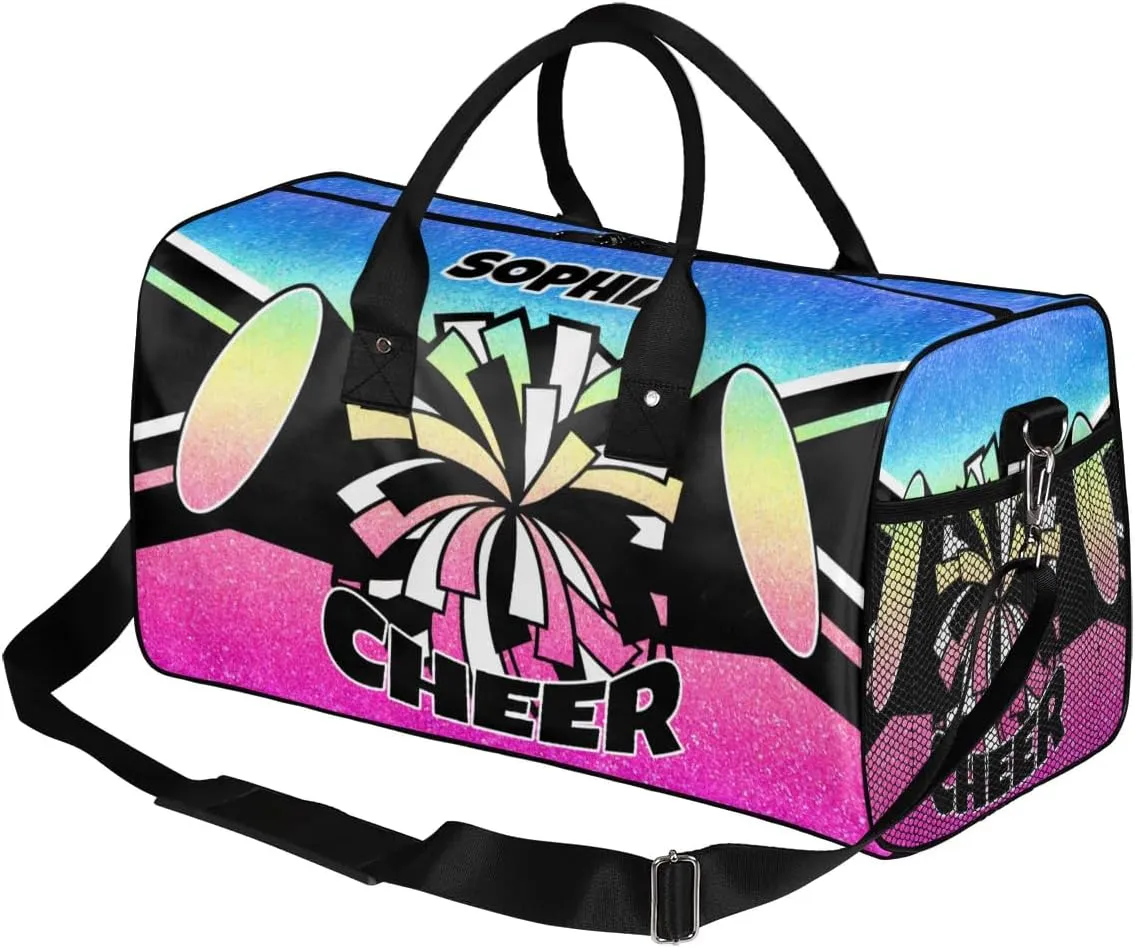 Personalized Cheer Bags for Cheerleaders Custom Sport Duffel Bag Gym Bag Travel Duffle Bag Overnight Weekender Bag with Name Blue Pink Gradient