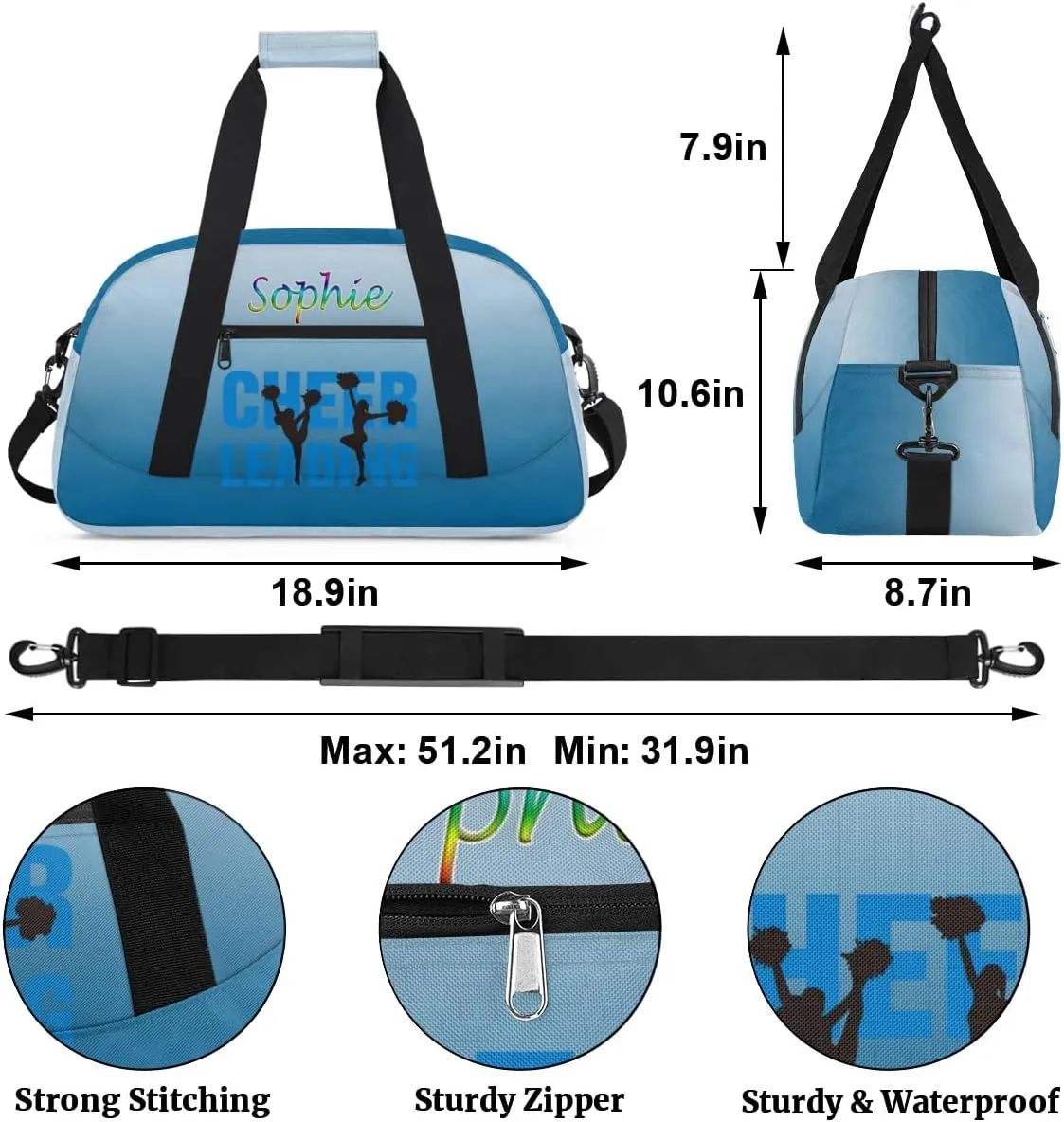 Personalized Cheer Gym Bag, Custom Sport Duffel Bag for Cheerleader, Dance Bag Overnight Weekender Bags Travel Duffel Bag for Women, Blue Gradient Cheer