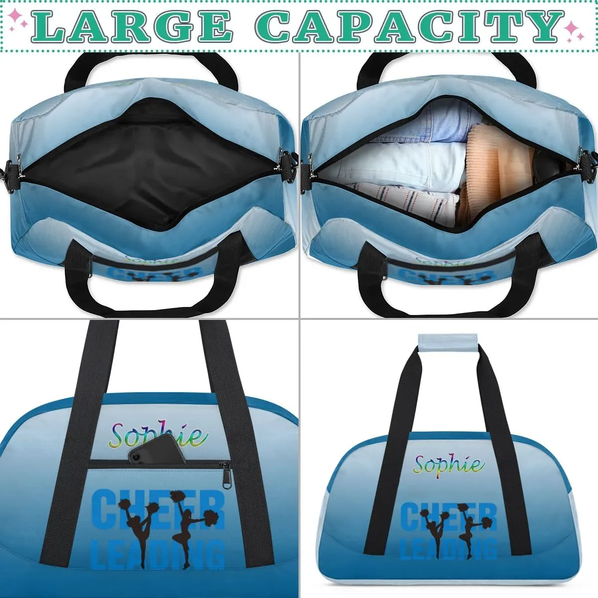 Personalized Cheer Gym Bag, Custom Sport Duffel Bag for Cheerleader, Dance Bag Overnight Weekender Bags Travel Duffel Bag for Women, Blue Gradient Cheer