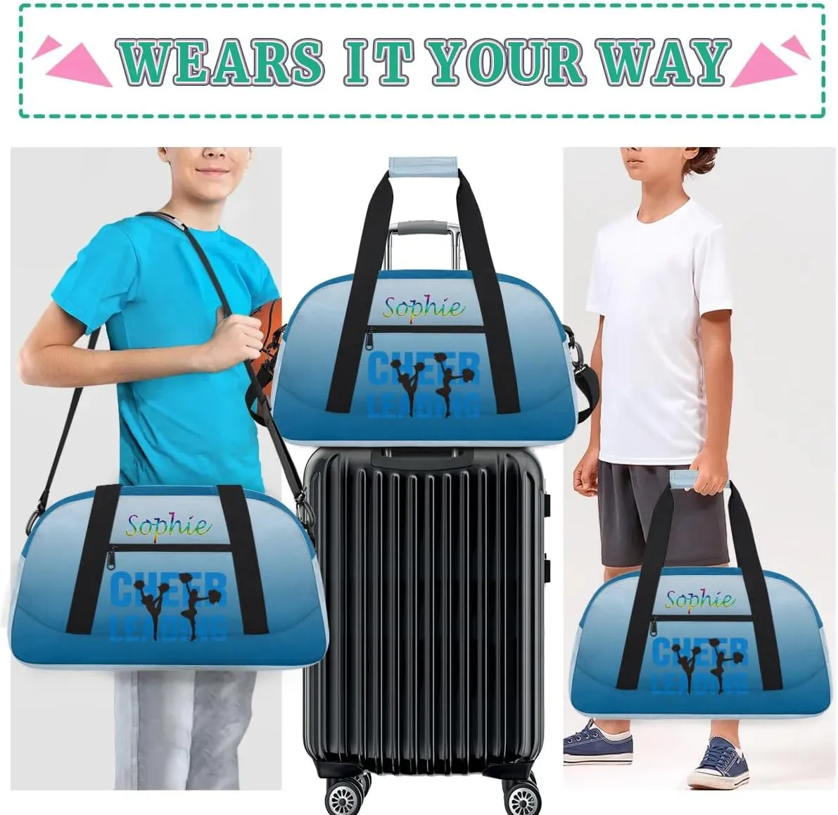 Personalized Cheer Gym Bag, Custom Sport Duffel Bag for Cheerleader, Dance Bag Overnight Weekender Bags Travel Duffel Bag for Women, Blue Gradient Cheer