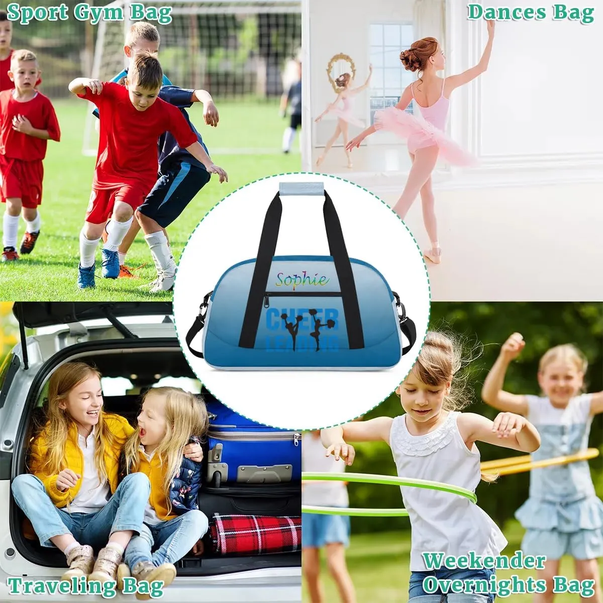 Personalized Cheer Gym Bag, Custom Sport Duffel Bag for Cheerleader, Dance Bag Overnight Weekender Bags Travel Duffel Bag for Women, Blue Gradient Cheer