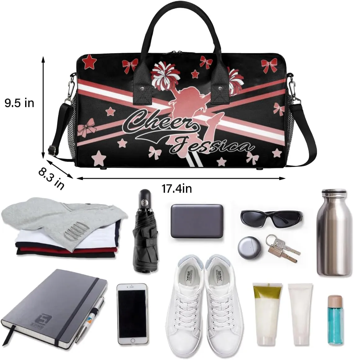 Personalized Cheer Sports Bag for Cheerleader, Deep Red Gradient Custom Gymnastics Gym Duffel Bags Cheer Competition Gift with Your Name Ballet Dance Overnight Weekender Bag