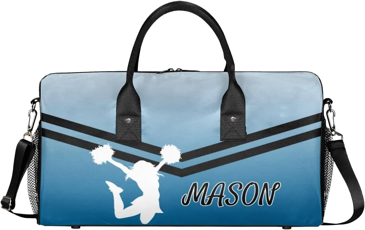 Personalized Cheerleader Cheer Bag for Women, Sport Duffel Bag with Name Customized Travel Overnight Weekender Bags, Blue Gradient Cheerleader Silhouette