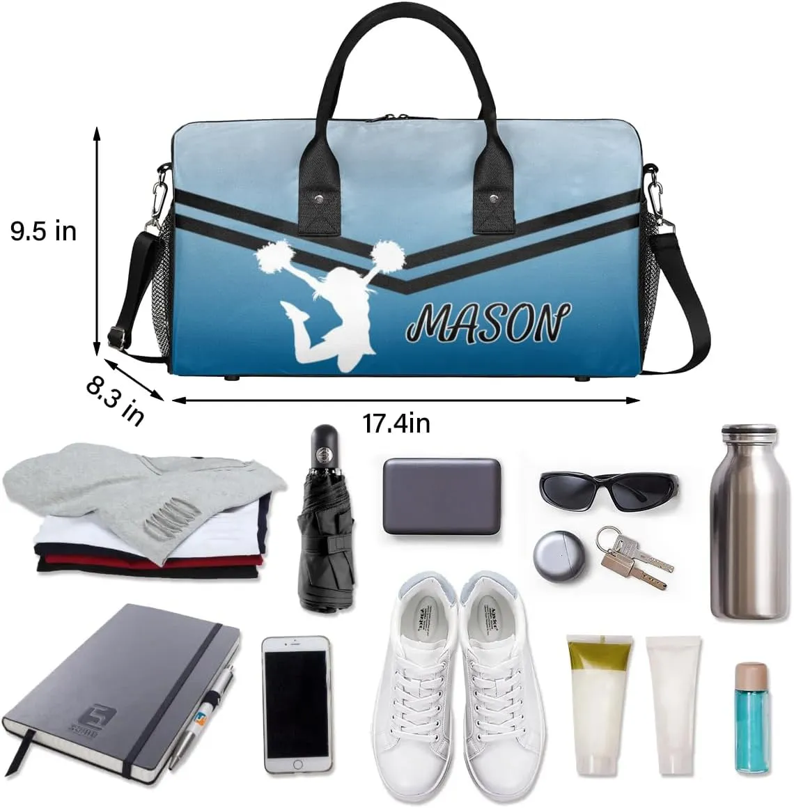 Personalized Cheerleader Cheer Bag for Women, Sport Duffel Bag with Name Customized Travel Overnight Weekender Bags, Blue Gradient Cheerleader Silhouette
