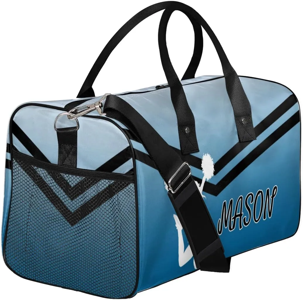Personalized Cheerleader Cheer Bag for Women, Sport Duffel Bag with Name Customized Travel Overnight Weekender Bags, Blue Gradient Cheerleader Silhouette
