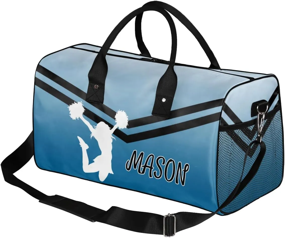 Personalized Cheerleader Cheer Bag for Women, Sport Duffel Bag with Name Customized Travel Overnight Weekender Bags, Blue Gradient Cheerleader Silhouette