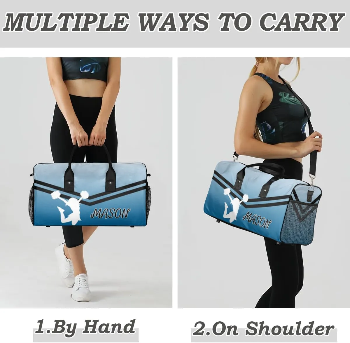 Personalized Cheerleader Cheer Bag for Women, Sport Duffel Bag with Name Customized Travel Overnight Weekender Bags, Blue Gradient Cheerleader Silhouette
