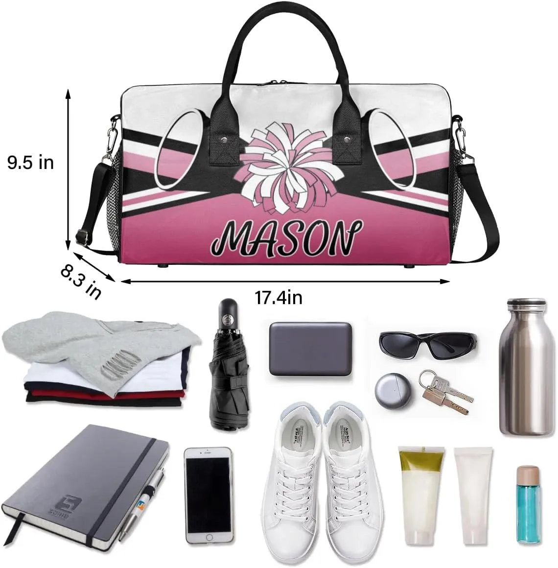 Personalized Cheerleader Cheer Bag Sport Duffel Bag with Name for Women Customized Travel Overnight Weekender Bags, Dark Pink Gradient Cheerleading