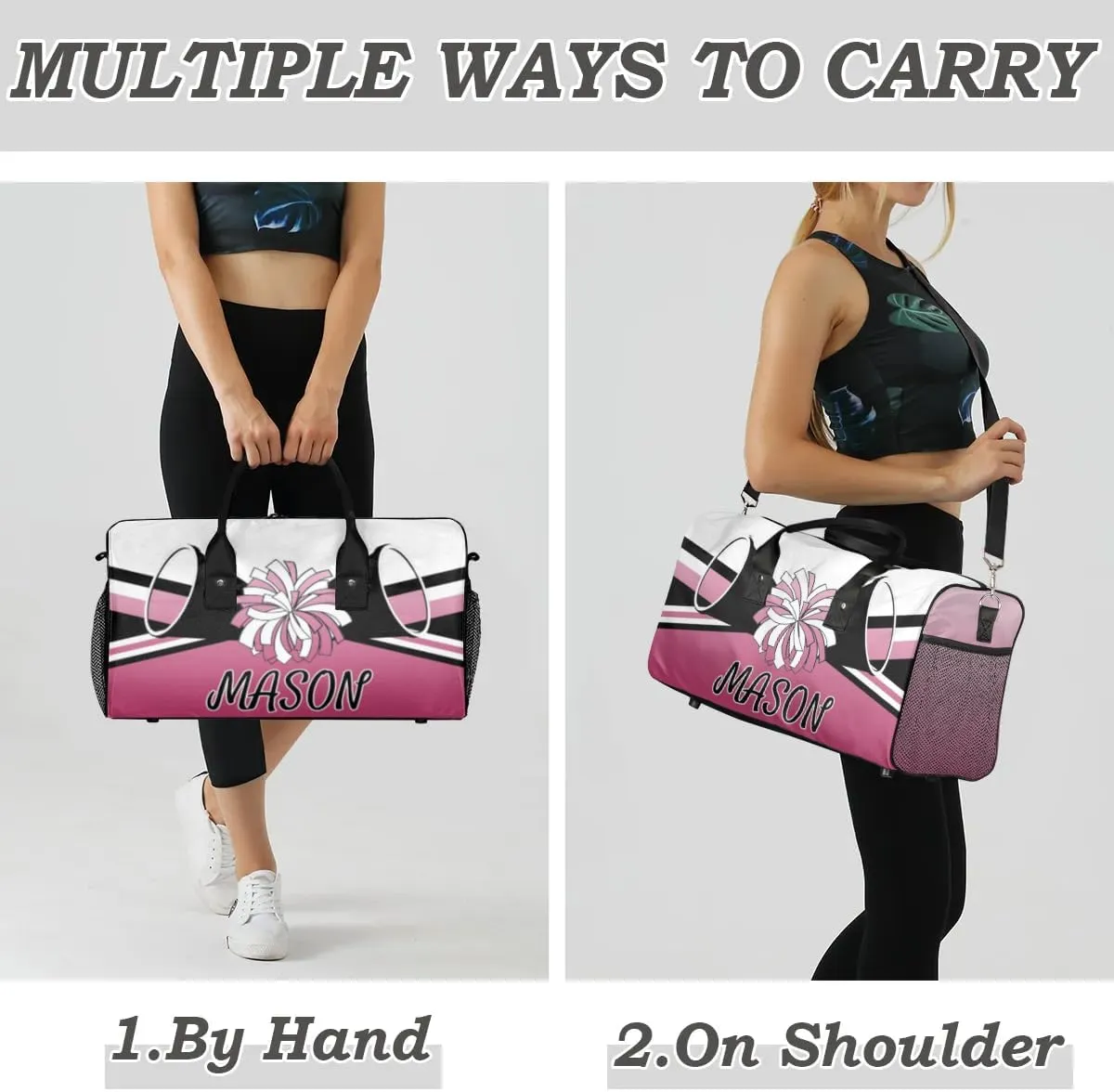 Personalized Cheerleader Cheer Bag Sport Duffel Bag with Name for Women Customized Travel Overnight Weekender Bags, Dark Pink Gradient Cheerleading