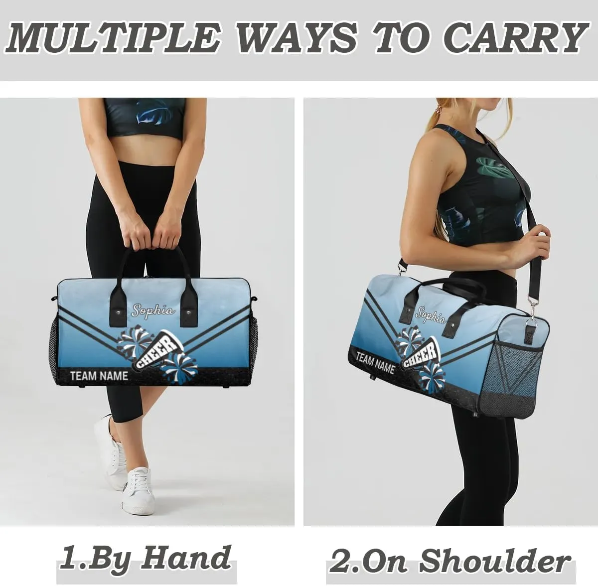 Personalized Cheerleader Cheer Bag Sport Duffel Bag with Team Name for Women Customized Name Travel Overnight Weekender Bags, Blue Gradient Cheerleading