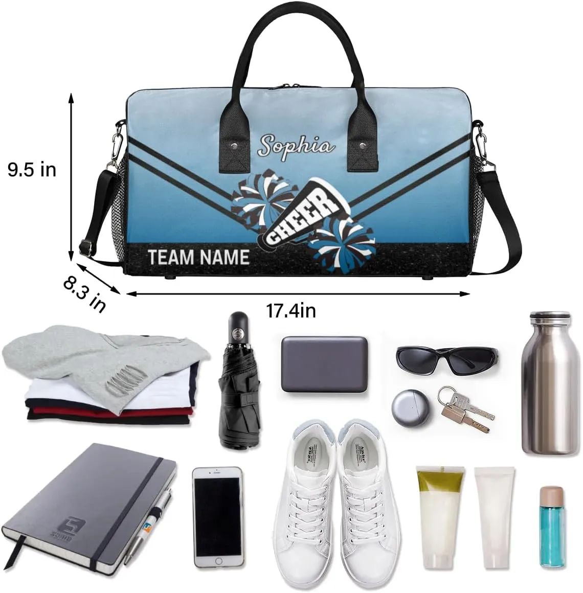 Personalized Cheerleader Cheer Bag Sport Duffel Bag with Team Name for Women Customized Name Travel Overnight Weekender Bags, Blue Gradient Cheerleading