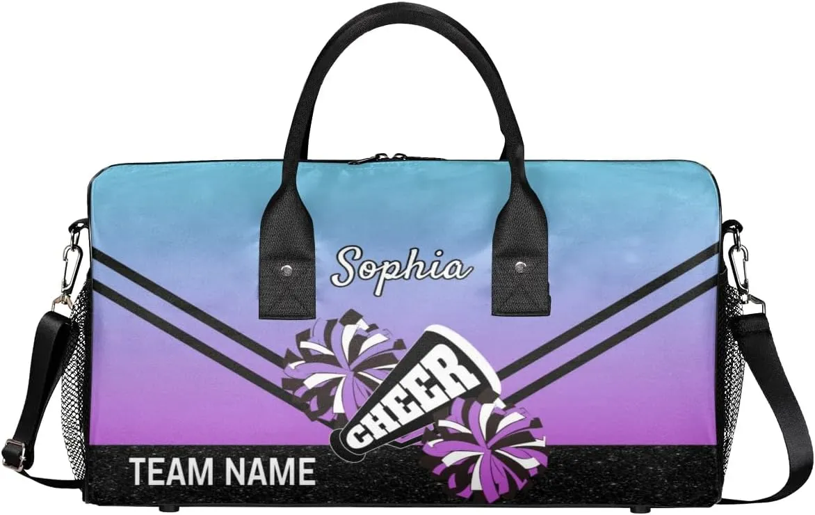 Personalized Cheerleader Cheer Bag Sport Duffel Bag with Team Name for Women Customized Name Travel Overnight Weekender Bags, Blue Purple Gradient Cheerleading