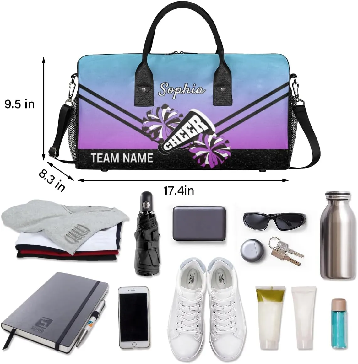 Personalized Cheerleader Cheer Bag Sport Duffel Bag with Team Name for Women Customized Name Travel Overnight Weekender Bags, Blue Purple Gradient Cheerleading