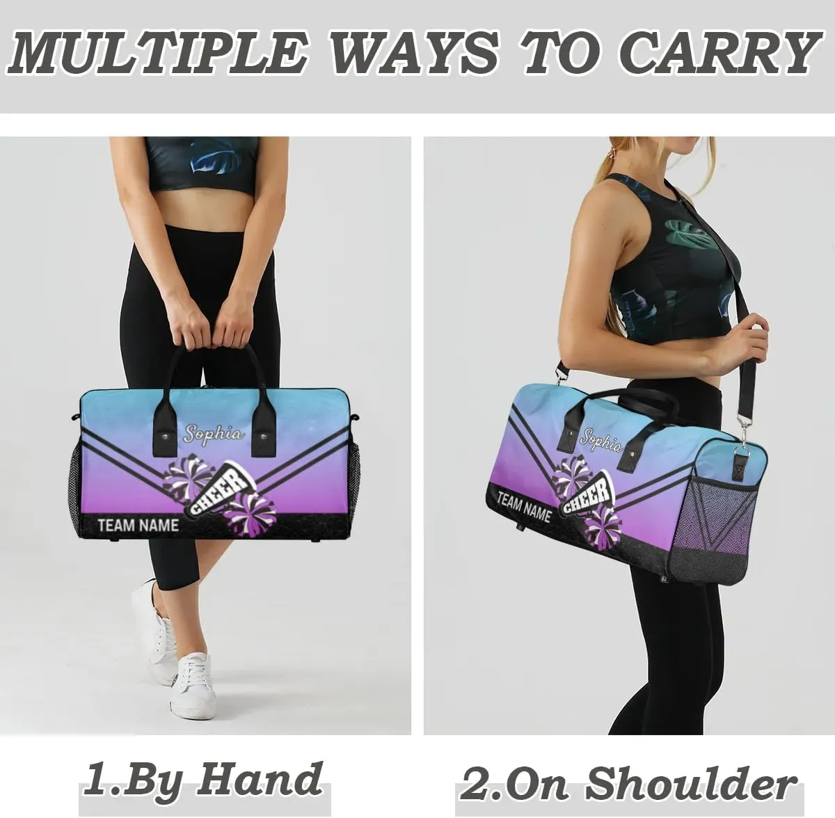 Personalized Cheerleader Cheer Bag Sport Duffel Bag with Team Name for Women Customized Name Travel Overnight Weekender Bags, Blue Purple Gradient Cheerleading