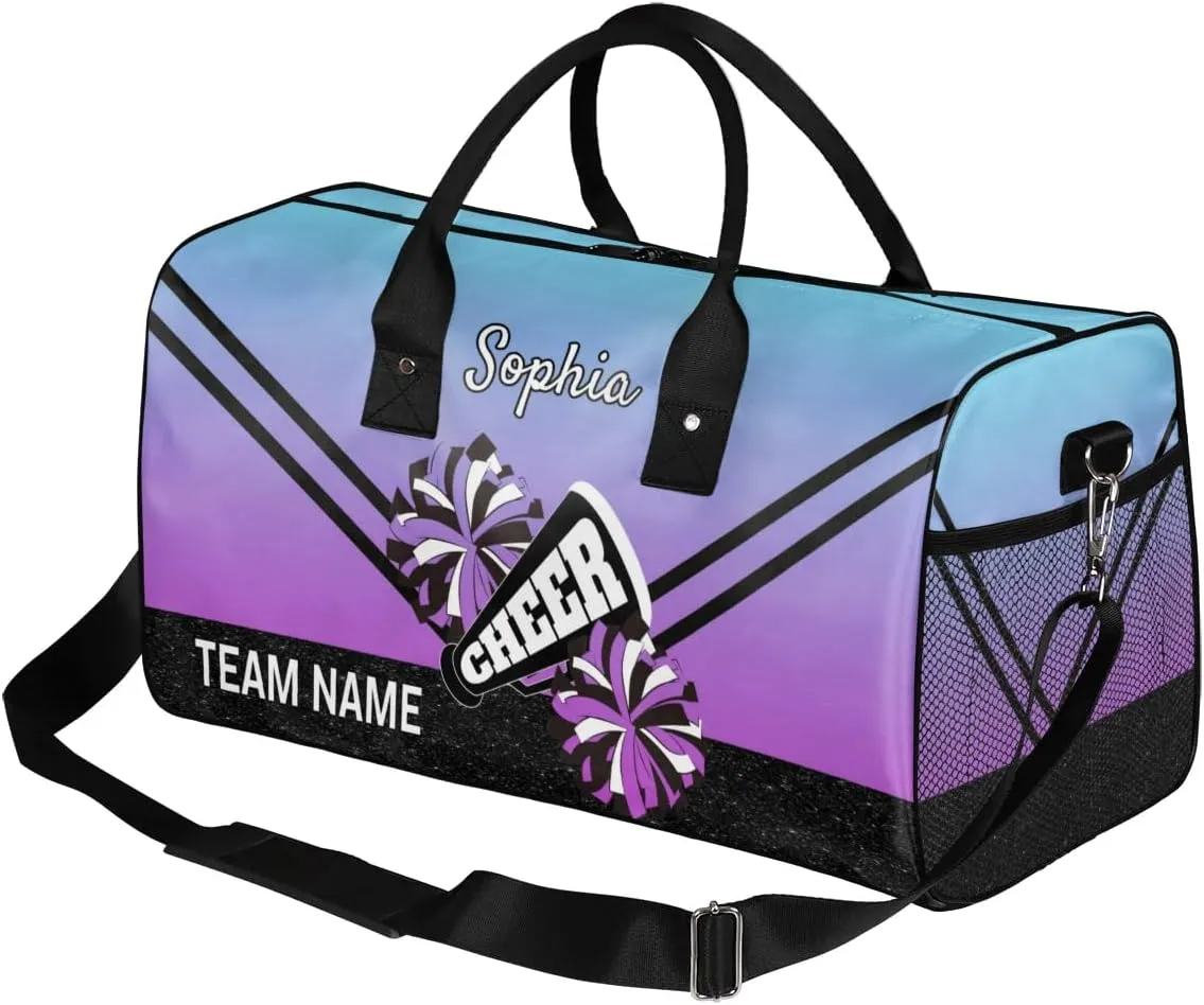 Personalized Cheerleader Cheer Bag Sport Duffel Bag with Team Name for Women Customized Name Travel Overnight Weekender Bags, Blue Purple Gradient Cheerleading