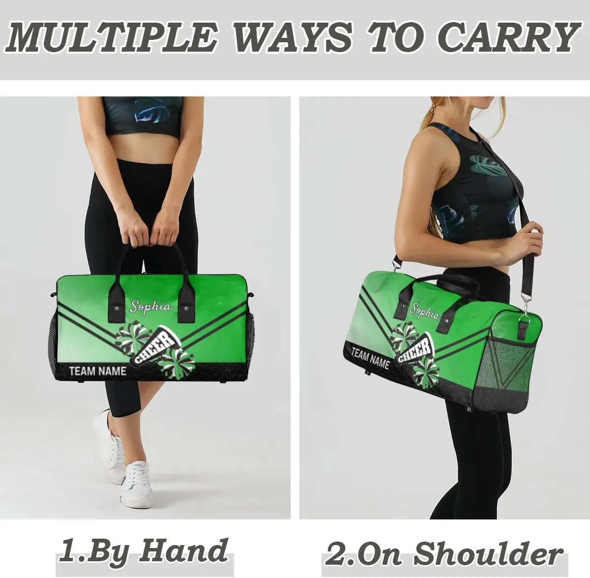 Personalized Cheerleader Cheer Bag Sport Duffel Bag with Team Name for Women Customized Name Travel Overnight Weekender Bags, Grass Green Gradient Cheerleading