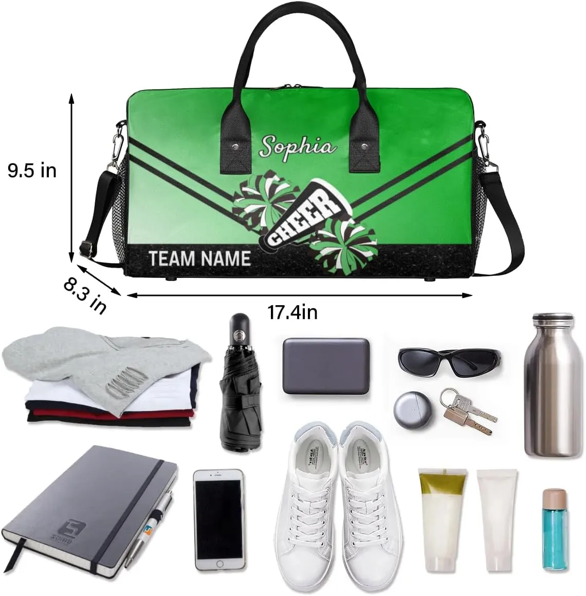 Personalized Cheerleader Cheer Bag Sport Duffel Bag with Team Name for Women Customized Name Travel Overnight Weekender Bags, Grass Green Gradient Cheerleading