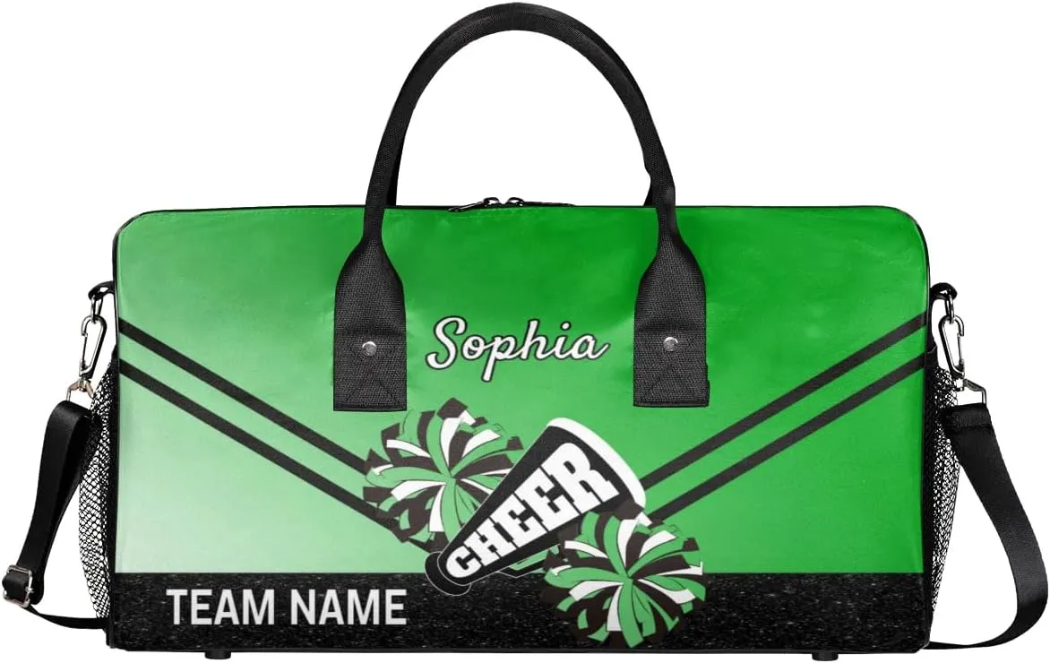 Personalized Cheerleader Cheer Bag Sport Duffel Bag with Team Name for Women Customized Name Travel Overnight Weekender Bags, Grass Green Gradient Cheerleading