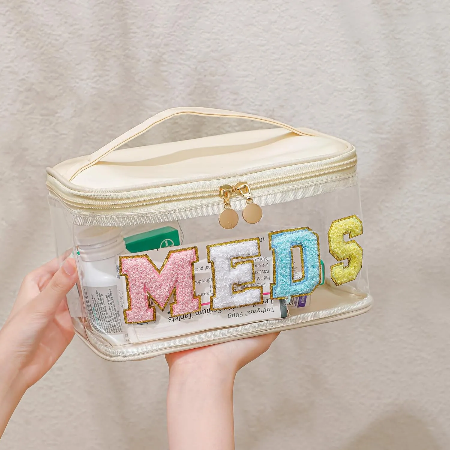 Personalized Chenille Letter Clear Medicine Makeup Bag, Large Size Waterproof Nylon Cosmetic Toiletry Storage bag with Top Handle, Transparent Meds First Aid Travel Organizer Cosmetic Bag(04Black)