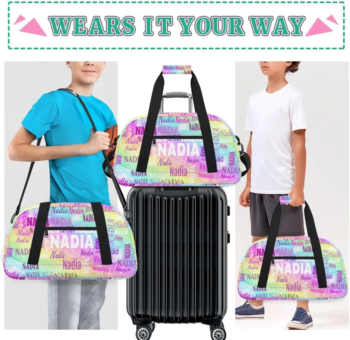 Personalized Dance Bag Girls Teens, Custom Name Sport Gym Ballet Dance Gear Fitness Duffle Gym Bag, Watercolor Colorful Galaxy with Stars Travel Weekender Lightweight Bags