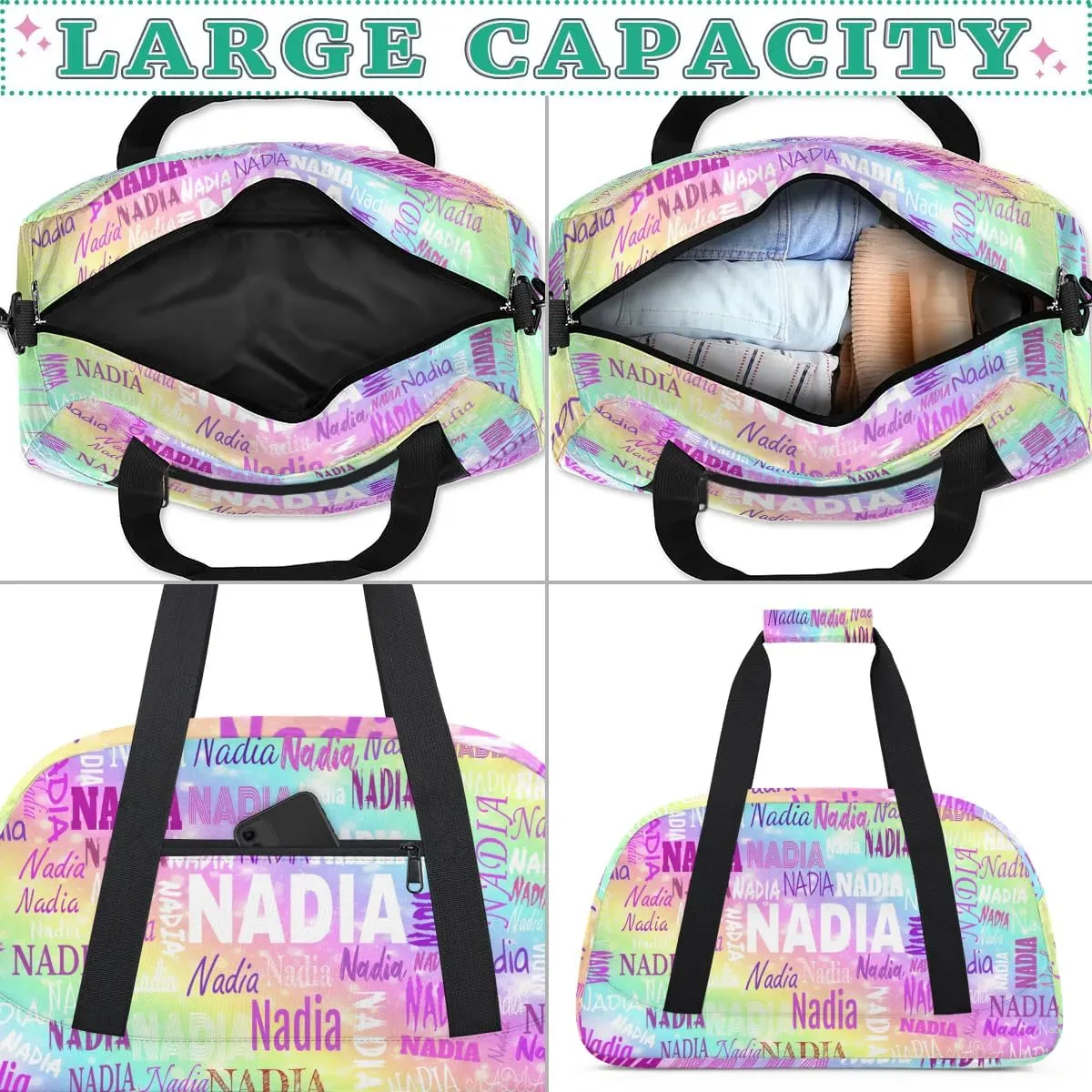 Personalized Dance Bag Girls Teens, Custom Name Sport Gym Ballet Dance Gear Fitness Duffle Gym Bag, Watercolor Colorful Galaxy with Stars Travel Weekender Lightweight Bags