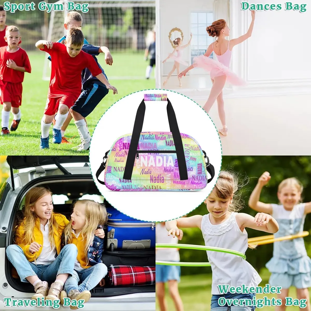 Personalized Dance Bag Girls Teens, Custom Name Sport Gym Ballet Dance Gear Fitness Duffle Gym Bag, Watercolor Colorful Galaxy with Stars Travel Weekender Lightweight Bags