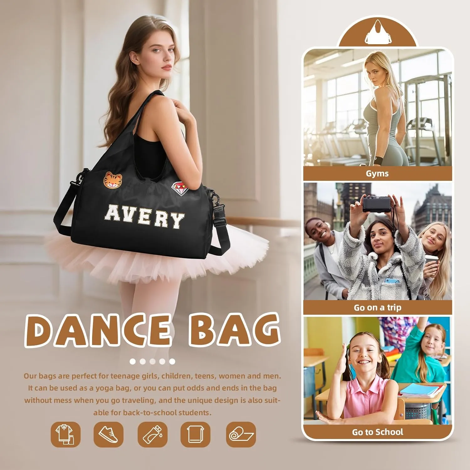 Personalized Dance Ballet Bag with Name - Custom Travel Duffel Bags for Sports Gym Weekender Overnight Travel Lovers