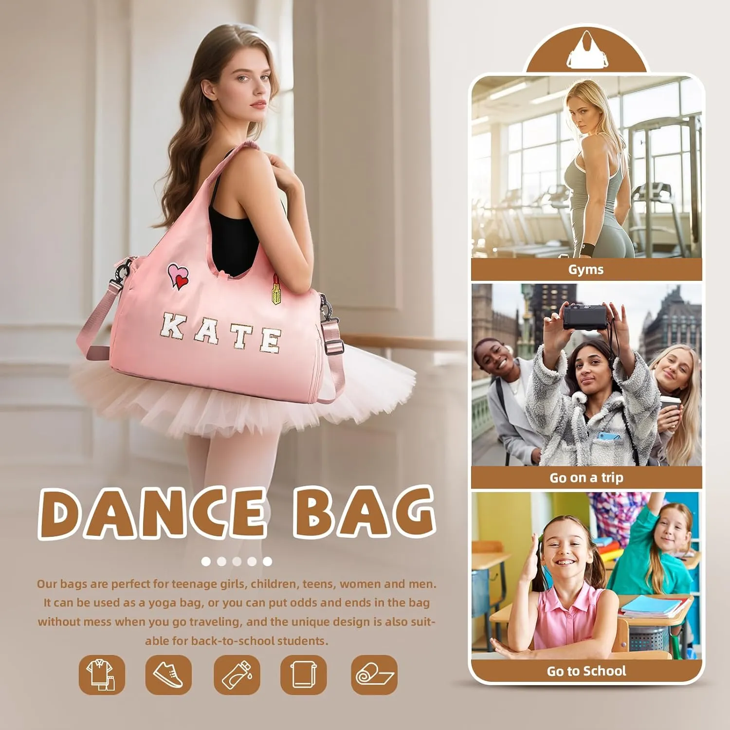 Personalized Dance Ballet Bag with Name - Custom Travel Duffel Bags for Sports Gym Weekender Overnight Travel Lovers