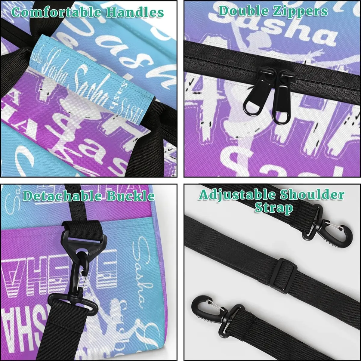 Personalized Dance Duffel Bag Name Cheer Bags, Custom Sport Duffel Gym Bag Weekender Bags for Travel Blue Purple Gradient Gymnastics Bag