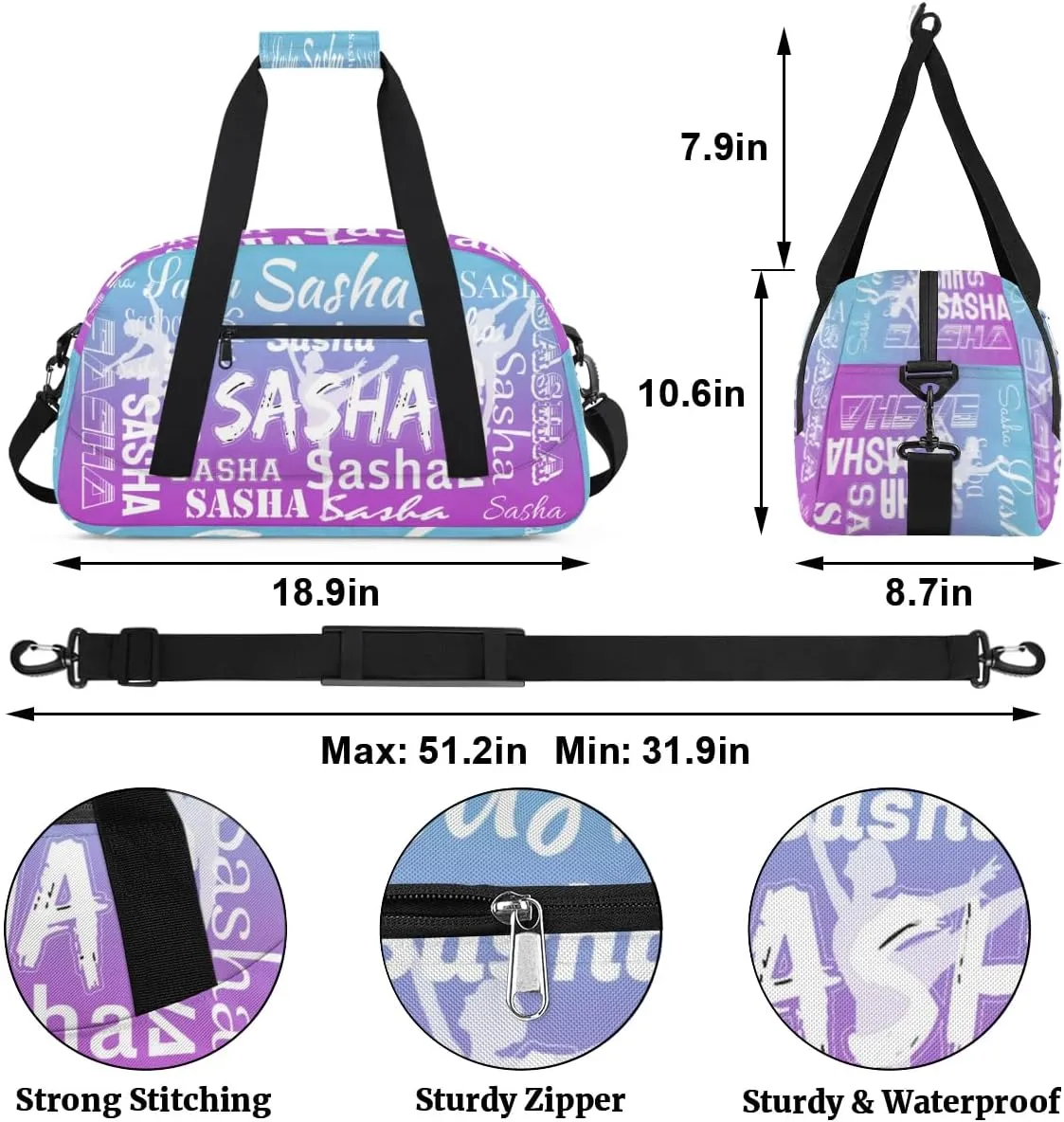 Personalized Dance Duffel Bag Name Cheer Bags, Custom Sport Duffel Gym Bag Weekender Bags for Travel Blue Purple Gradient Gymnastics Bag