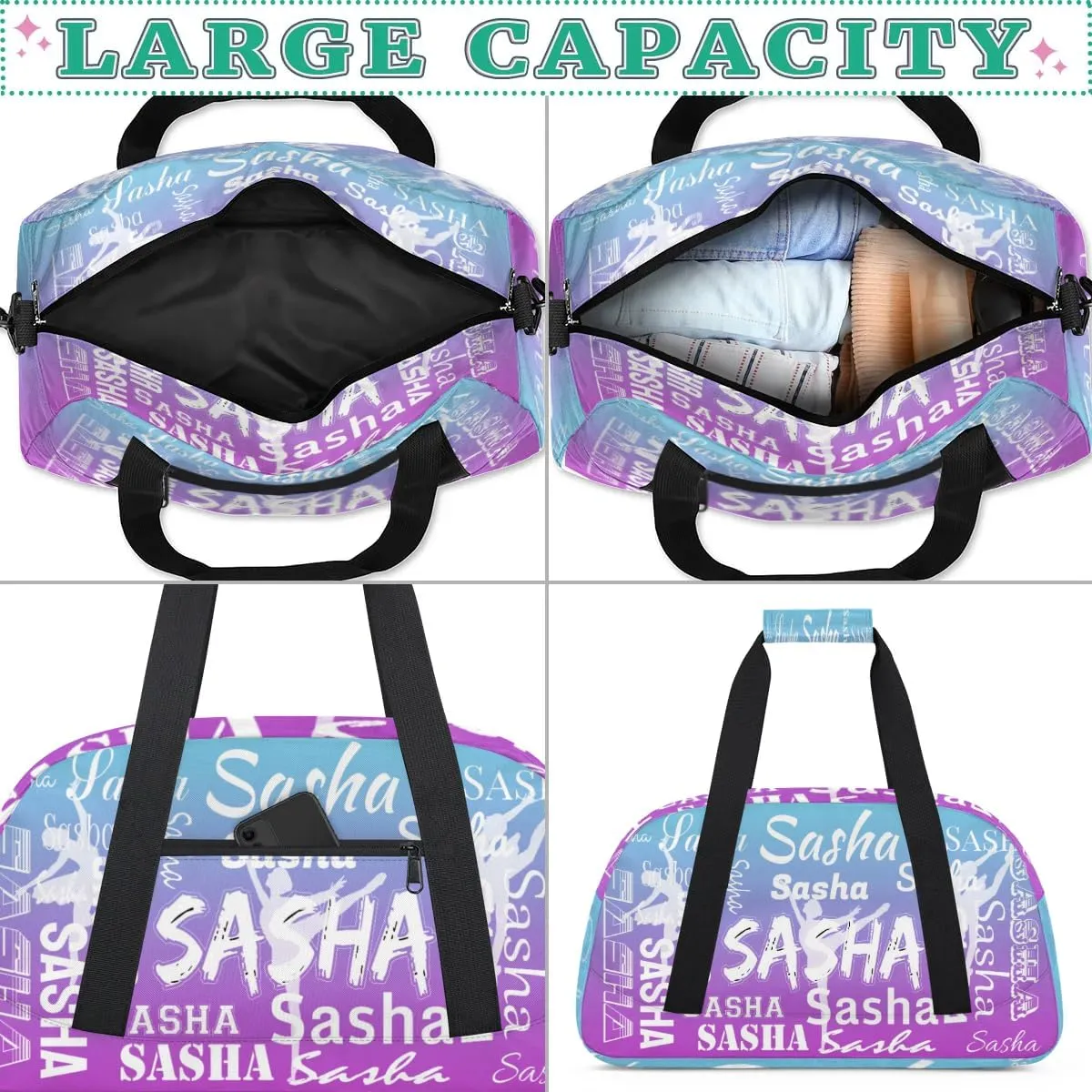 Personalized Dance Duffel Bag Name Cheer Bags, Custom Sport Duffel Gym Bag Weekender Bags for Travel Blue Purple Gradient Gymnastics Bag