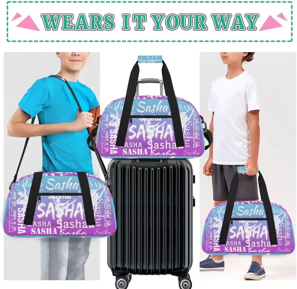 Personalized Dance Duffel Bag Name Cheer Bags, Custom Sport Duffel Gym Bag Weekender Bags for Travel Blue Purple Gradient Gymnastics Bag