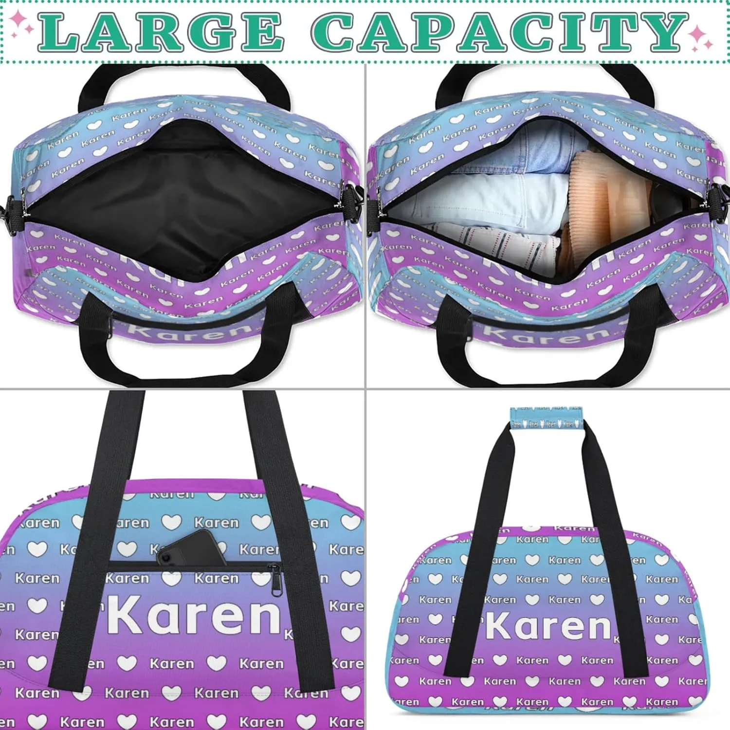 Personalized Dance Duffel Bag with Name Custom Sport Gym Travel Bags for Women Men, Customized Overnight Bags Weekender Bag, Blue Purple Gradient