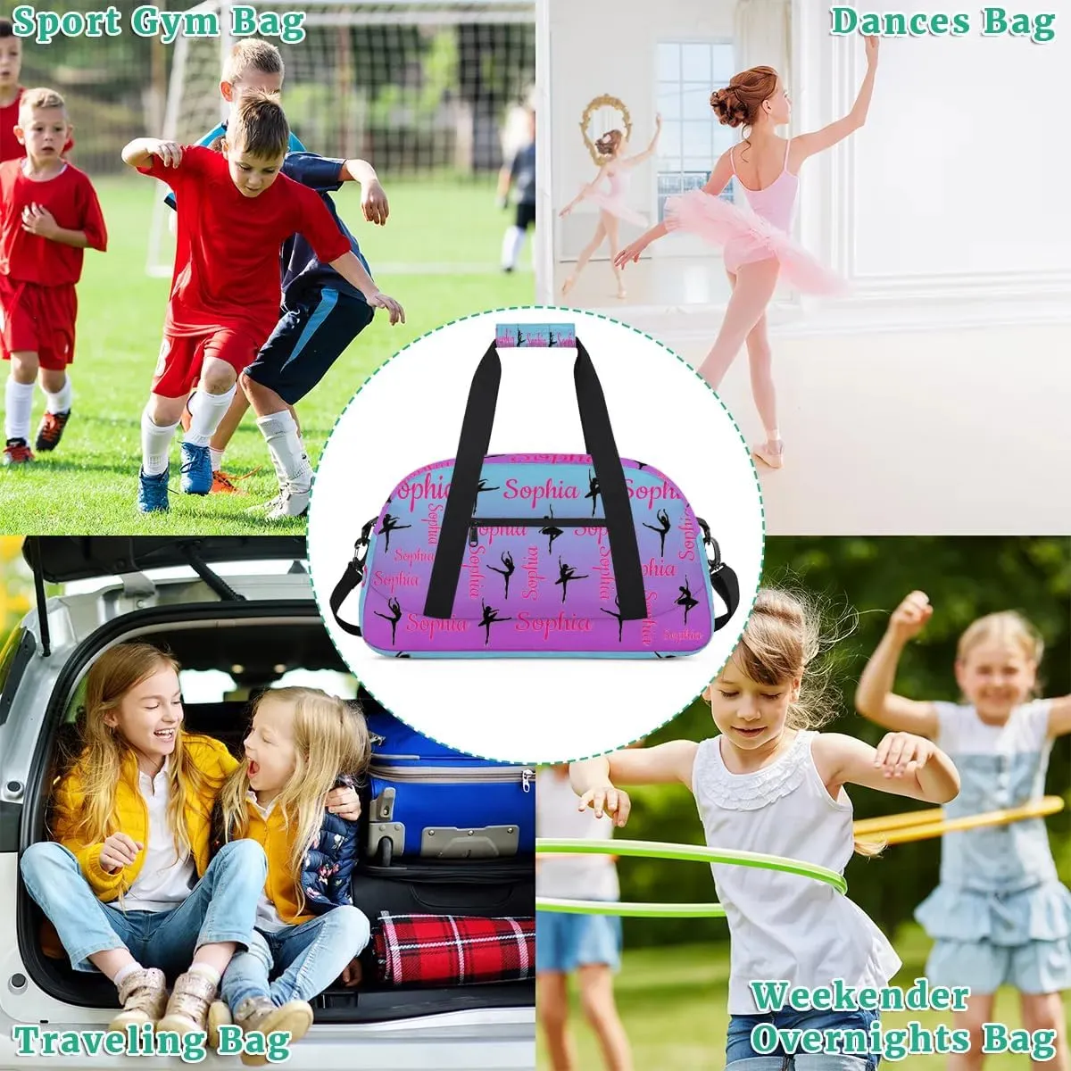 Personalized Dance Gymnastics Bags, Custom Name Duffel Bag Cheer Bags, Custom Sport Duffel Gym Bag Travel Weekender Bags Blue Purple Gradient
