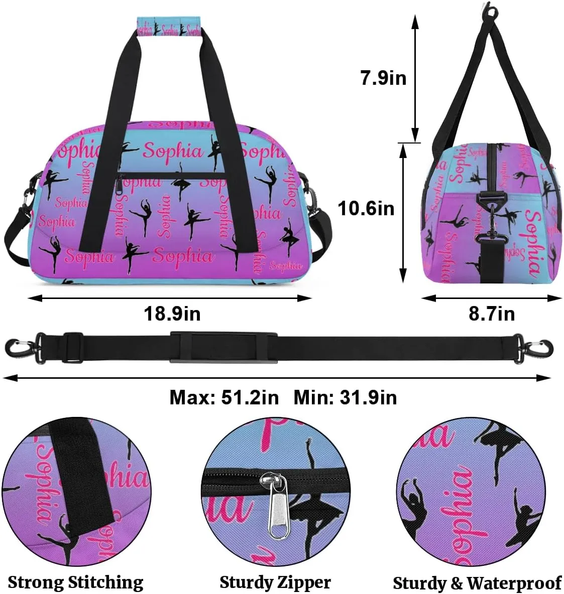 Personalized Dance Gymnastics Bags, Custom Name Duffel Bag Cheer Bags, Custom Sport Duffel Gym Bag Travel Weekender Bags Blue Purple Gradient