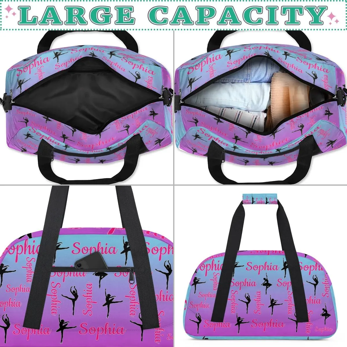 Personalized Dance Gymnastics Bags, Custom Name Duffel Bag Cheer Bags, Custom Sport Duffel Gym Bag Travel Weekender Bags Blue Purple Gradient