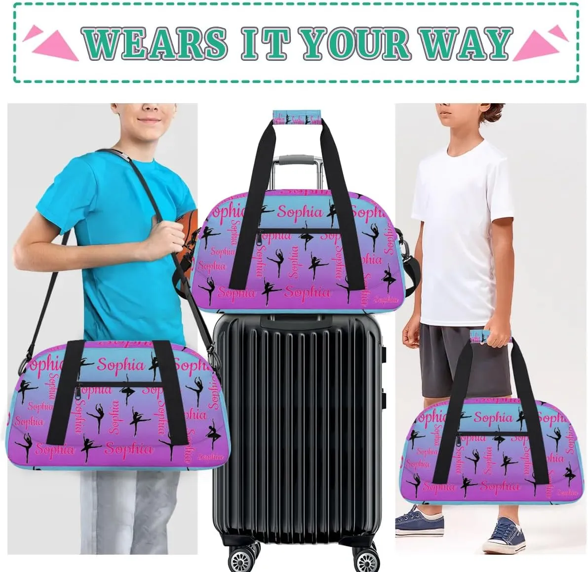 Personalized Dance Gymnastics Bags, Custom Name Duffel Bag Cheer Bags, Custom Sport Duffel Gym Bag Travel Weekender Bags Blue Purple Gradient