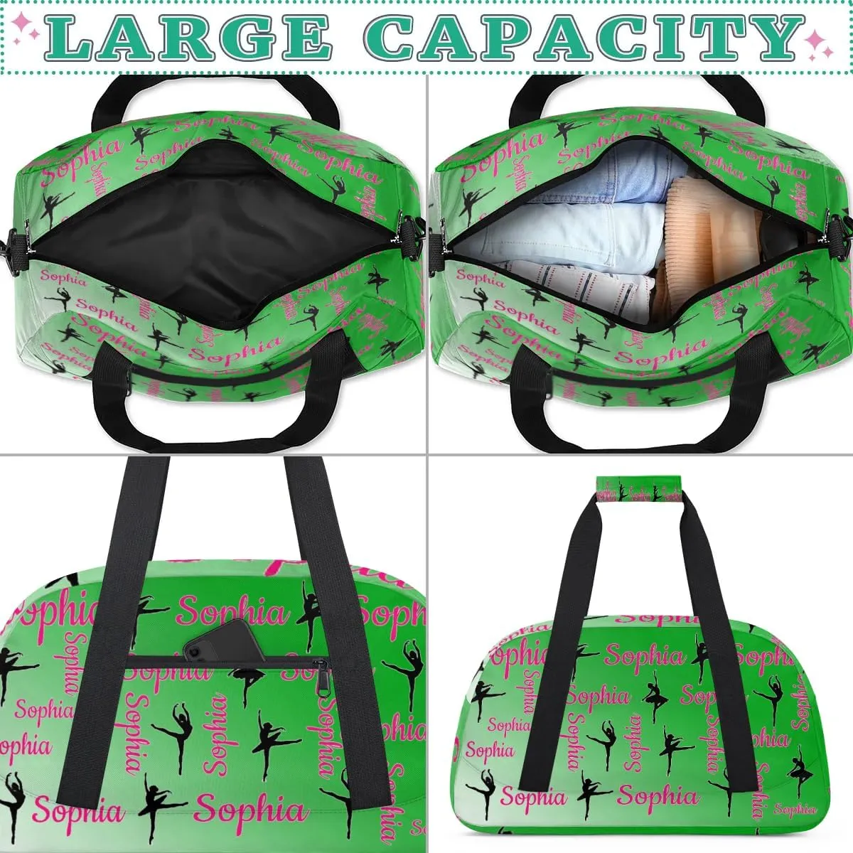 Personalized Dance Gymnastics Bags, Custom Name Duffel Bag Cheer Bags, Custom Sport Duffel Gym Bag Travel Weekender Bags Grass Green Gradient