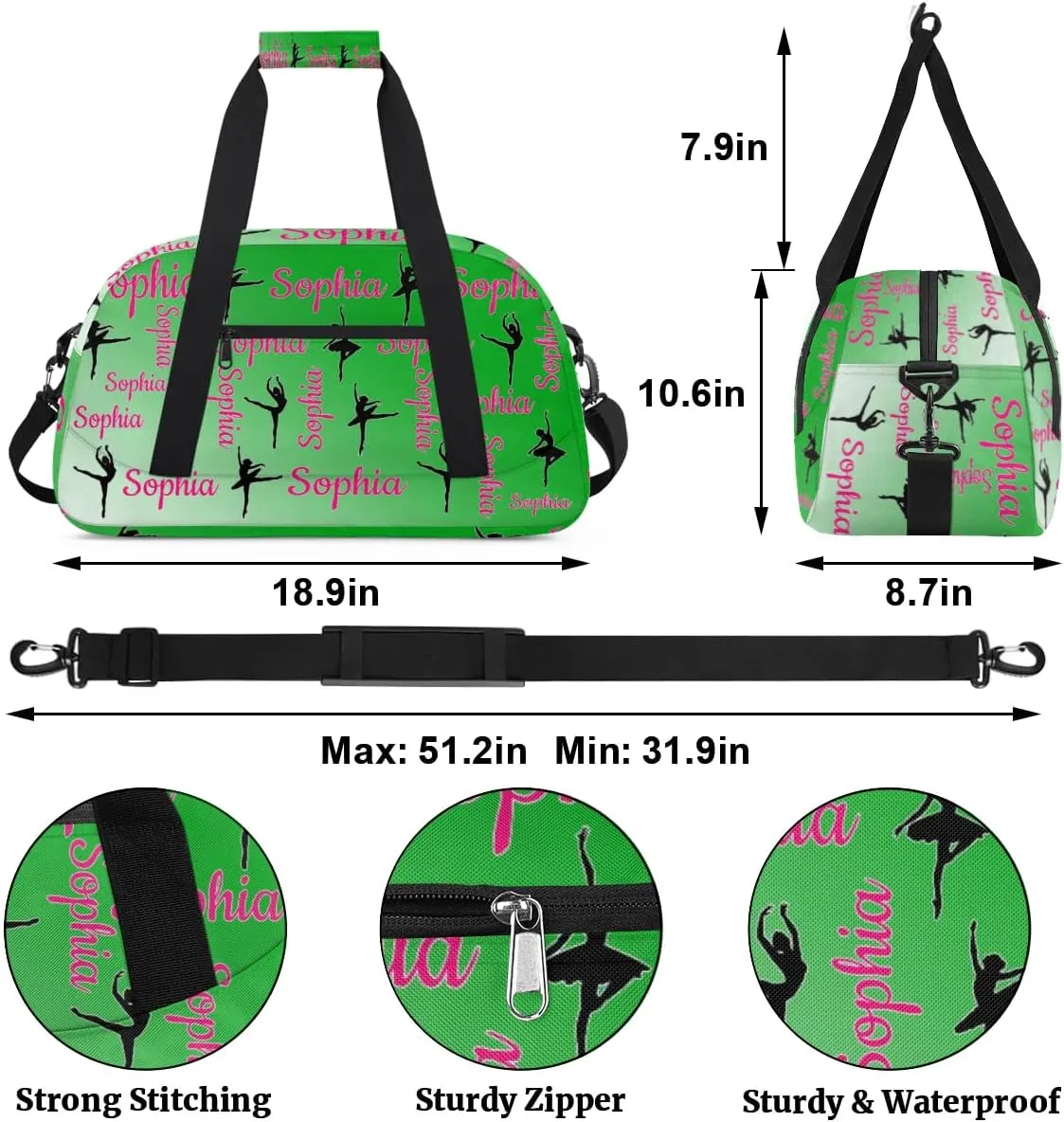 Personalized Dance Gymnastics Bags, Custom Name Duffel Bag Cheer Bags, Custom Sport Duffel Gym Bag Travel Weekender Bags Grass Green Gradient