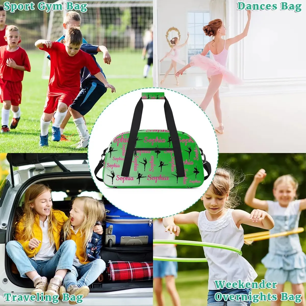 Personalized Dance Gymnastics Bags, Custom Name Duffel Bag Cheer Bags, Custom Sport Duffel Gym Bag Travel Weekender Bags Grass Green Gradient