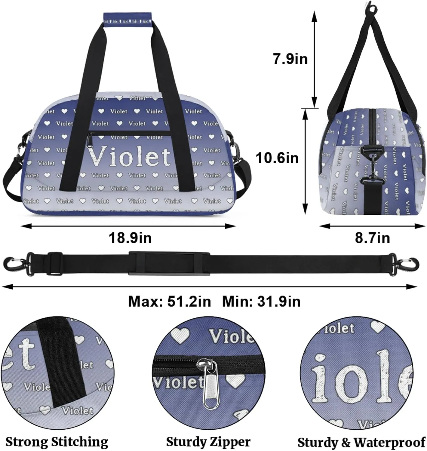 Personalized Duffel Bag Custom Sport Gym Travel Bags for Women Men, Customized Name Overnight Bags Weekender Bag, Cobalt Blue Gradient