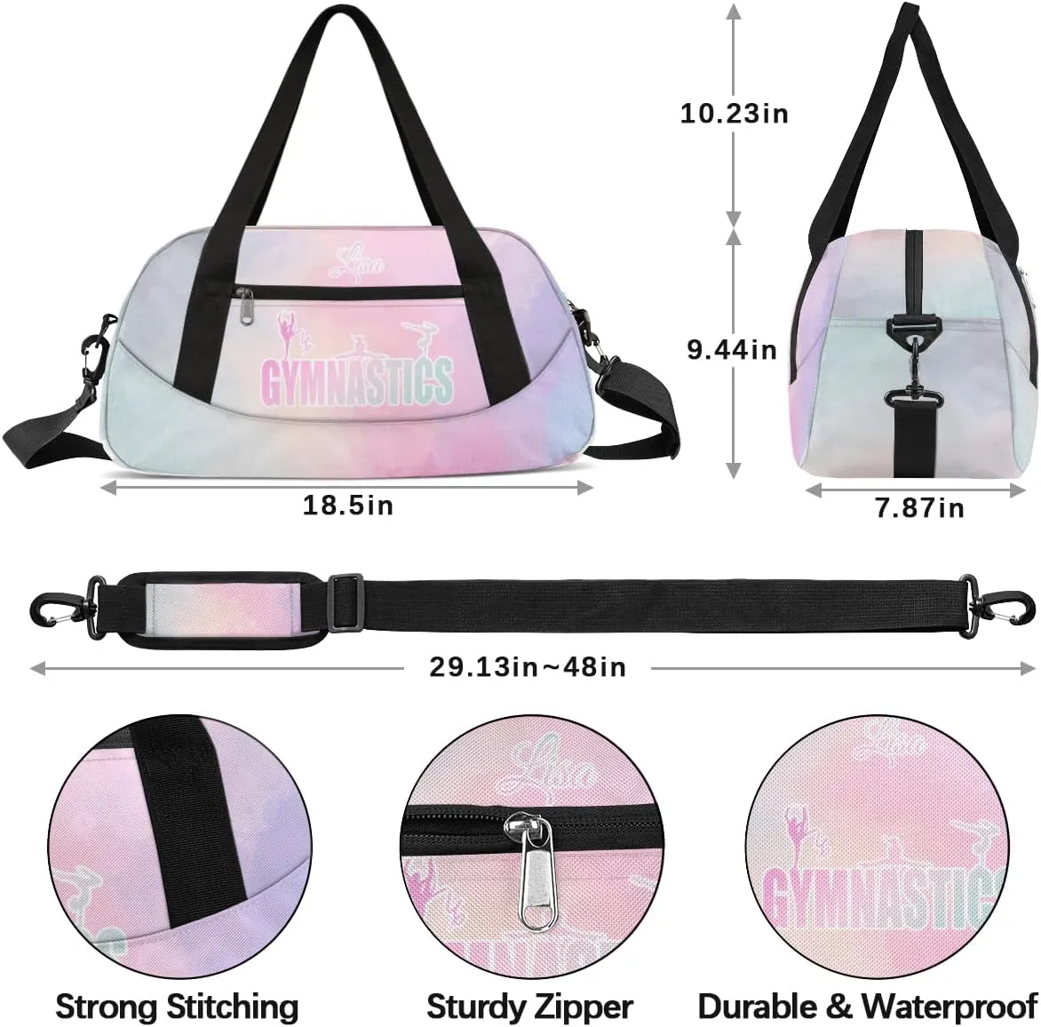 Personalized Gym Bag for Girls Teens, Custom Dance Bag Overnight Small Duffel Bag Carry On Weekend Sports Travel Bag for School Practice Gymnastics Ballet, Watercolor Gradient Pink Cyan