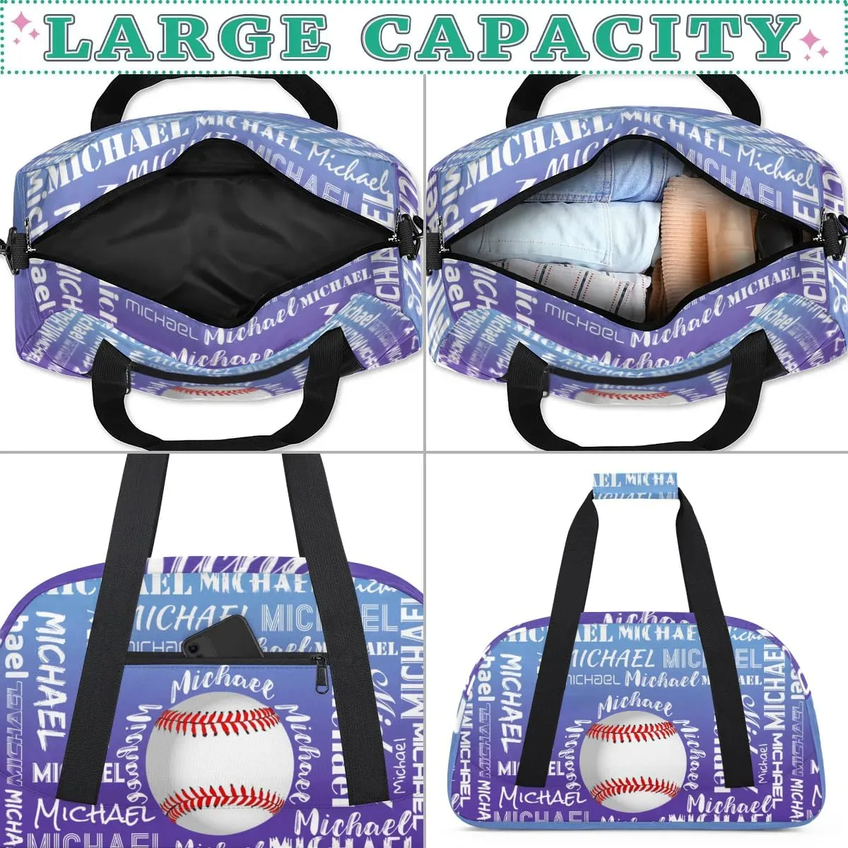 Personalized Gym Bag for Men Women, Custom Name Sports Duffel Bag, Large Capacity Weekender Overnight Travel Bags Baseball Blue Purple Gradient