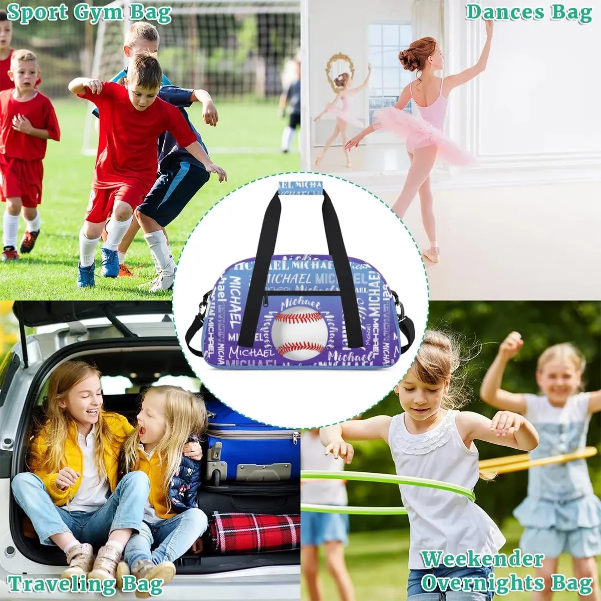Personalized Gym Bag for Men Women, Custom Name Sports Duffel Bag, Large Capacity Weekender Overnight Travel Bags Baseball Blue Purple Gradient