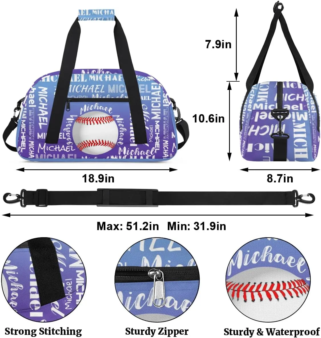 Personalized Gym Bag for Men Women, Custom Name Sports Duffel Bag, Large Capacity Weekender Overnight Travel Bags Baseball Blue Purple Gradient