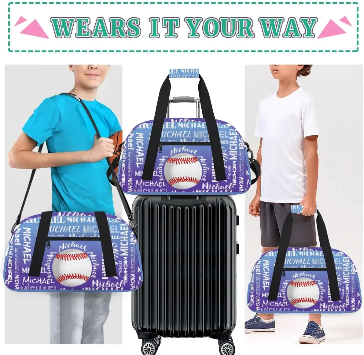 Personalized Gym Bag for Men Women, Custom Name Sports Duffel Bag, Large Capacity Weekender Overnight Travel Bags Baseball Blue Purple Gradient