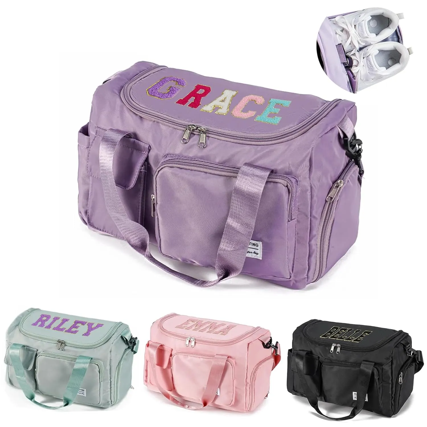 Personalized Gym Bag for Women, Travel Duffle Bag with Shoes Compartment and Wet Pocket, Chenille Letter Weekender Bags for Travel Plane Sport Gym Tote Bags, Waterproof Travel Bag, Birthday for Women